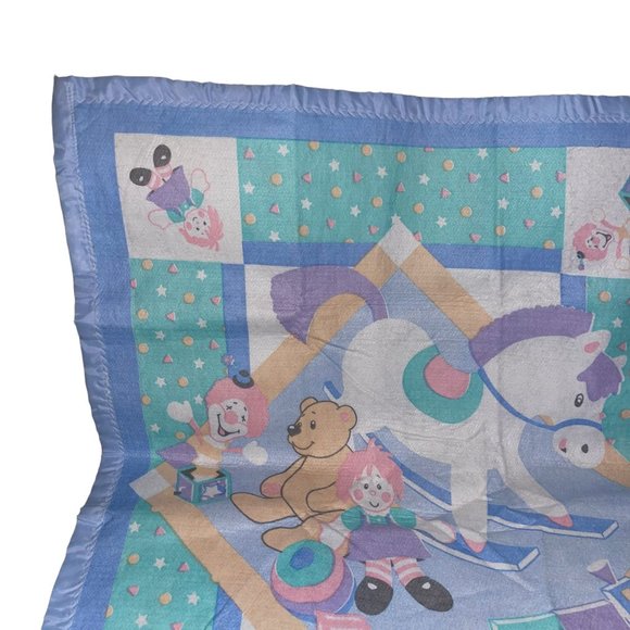 Vintage 1980's Satin Trim Blanket Rocking Horse Bear Doll Train Blocks Excellent - Picture 2 of 10